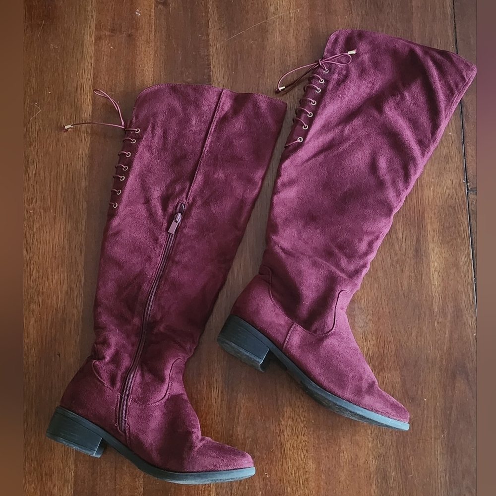 Top Moda Burgundy Wine Maroon‎ Faux Suede Over-the-knee Boots Sz 8.5